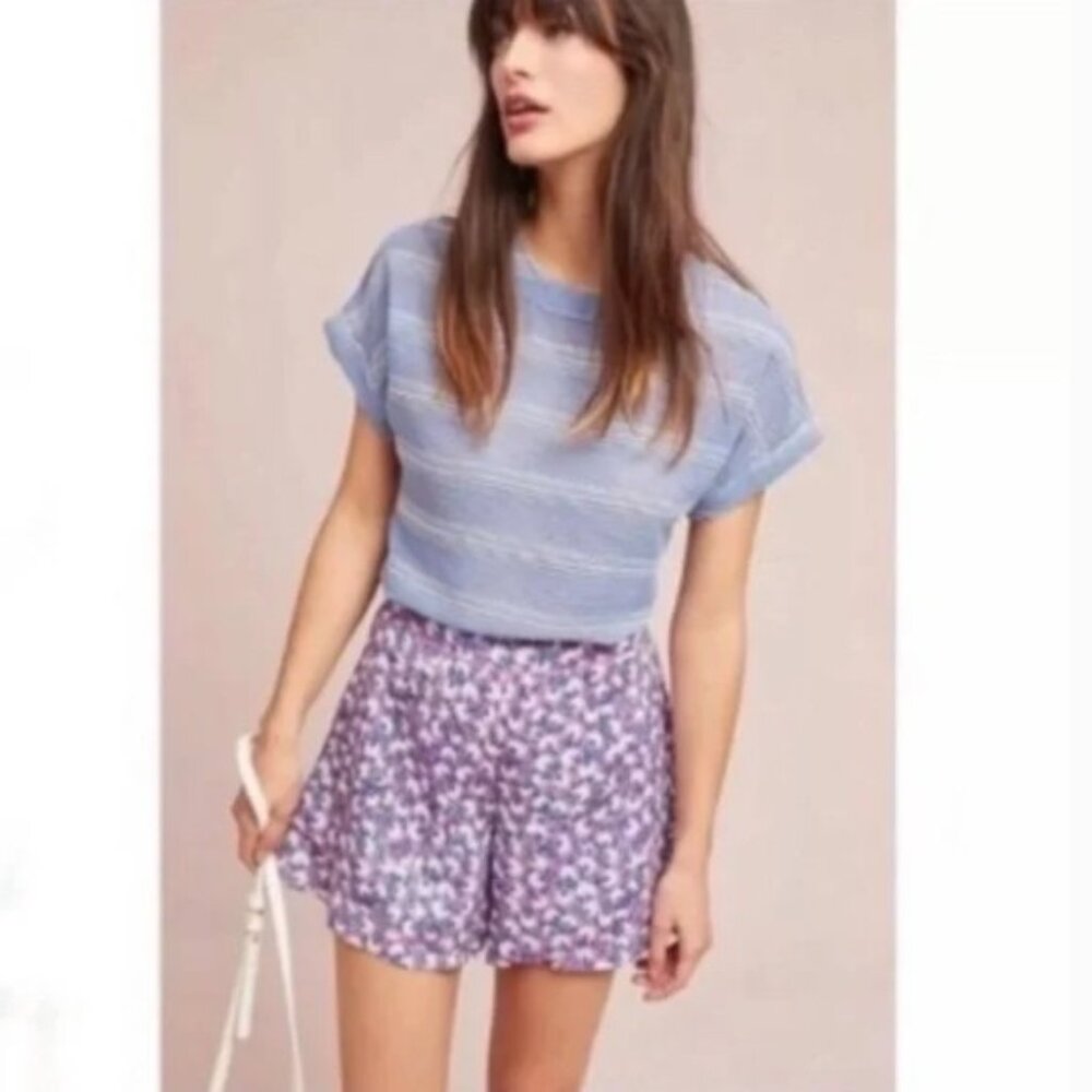 Anthropologie Ett:twa Linen Blend High Rise Ruffle Purple Floral Shorts - Small